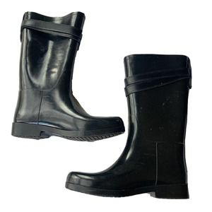 Coach Tara Women's Tall Rain Boot Sz 9B Round Toe Black Gloss Strap Casual